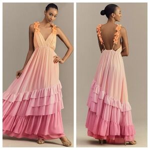 BHLDN Alivia V-Neck Ruffle Ombré Maxi Dress
